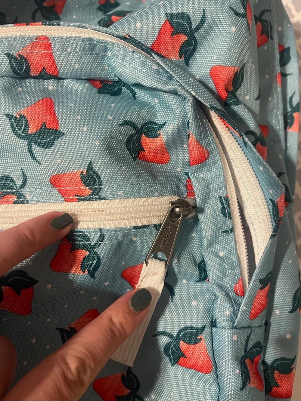 Trans by Jansport Teal Strawberry and  Polkadot print Backpack